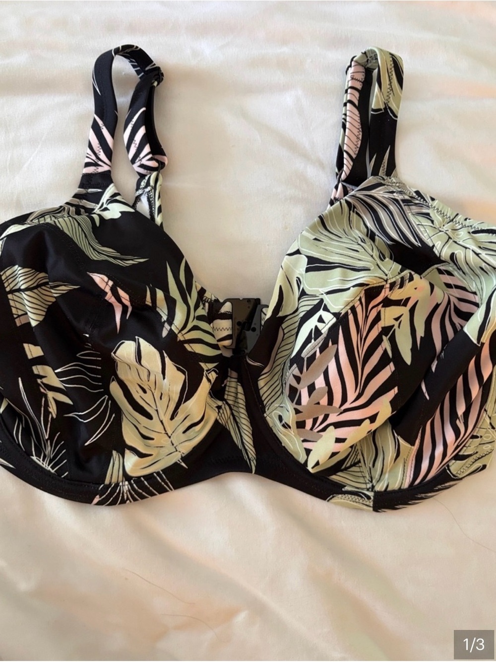 2 bikini tops!!! Elomi Black Tropical Leaf Underwire Top and Freya white floral!